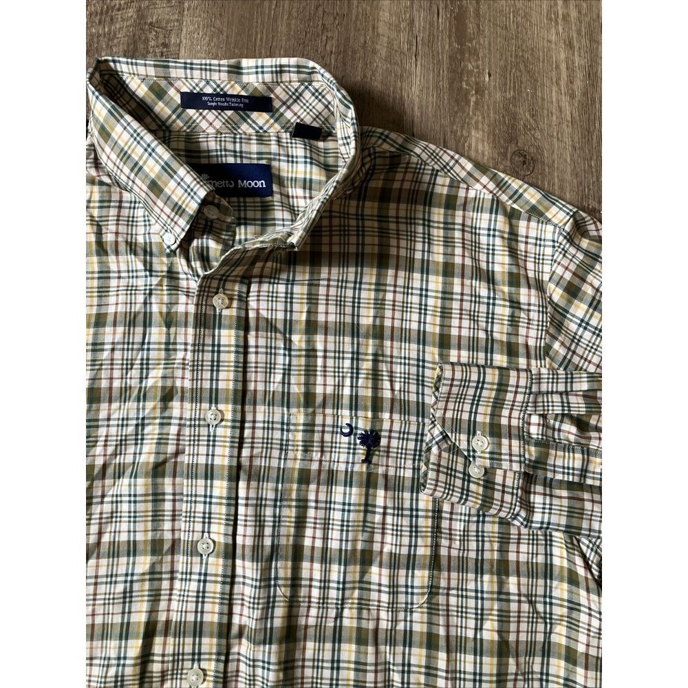 Palmetto Moon Mens XL Plaid Button Down Shirt Green‎ Tan Wrinkle Free Cotton